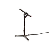 Mini sound stand with microphone clamp, black three-leg base and vertical post