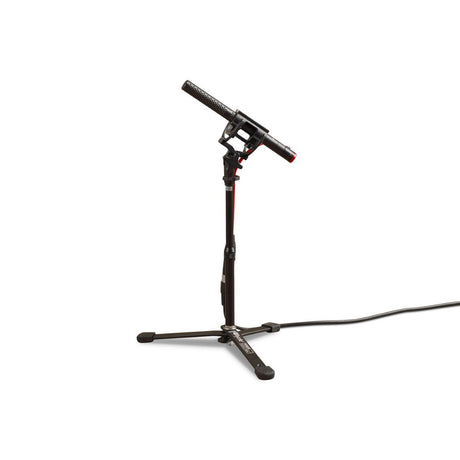 Mini sound stand with microphone clamp, black three-leg base and vertical post