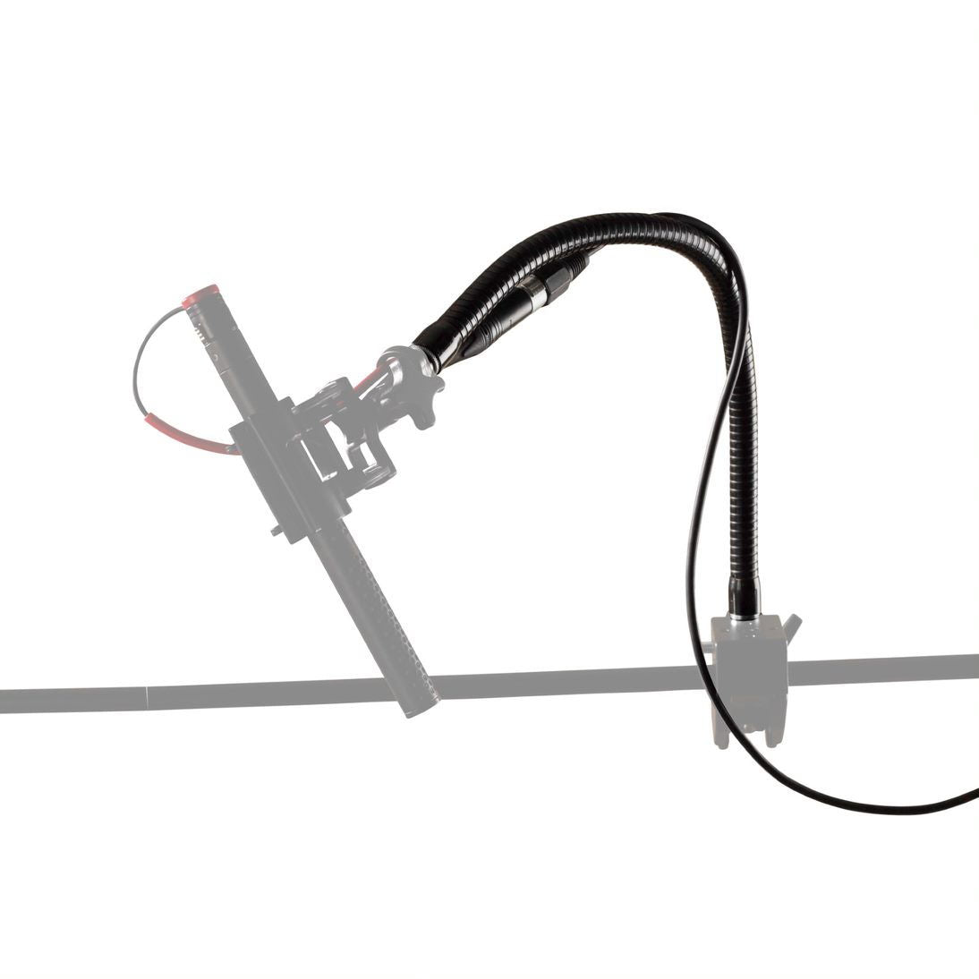 Flexible 3/8 in mic arm with black hose, attached to mounting bracket on stand