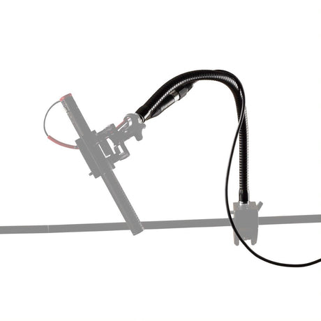 Flexible 3/8 in mic arm with black hose, attached to mounting bracket on stand