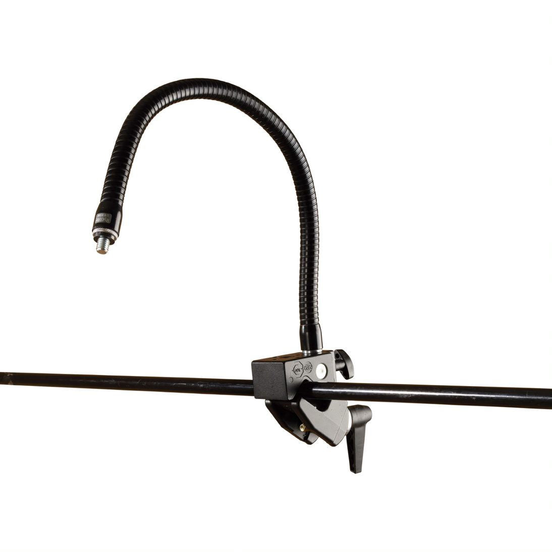 Flexible mic arm with black corrugated cable, 3/8 in connector, clamp mount on bar