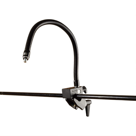 Flexible mic arm with black corrugated cable, 3/8 in connector, clamp mount on bar