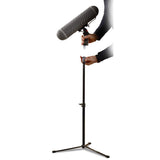 Microphone on black sound stand with quick-release, 3/8" fitting