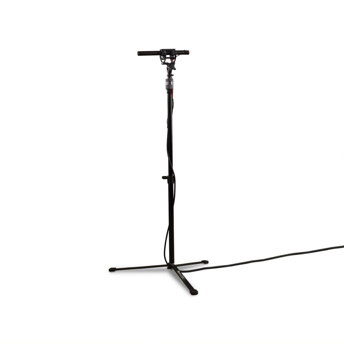 Black sound stand with microphone holder and boom bar, tripod base