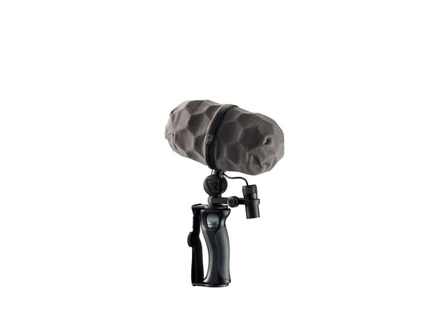 Microphone windscreen kit with gray fabric cover and shock mount, 59mm style