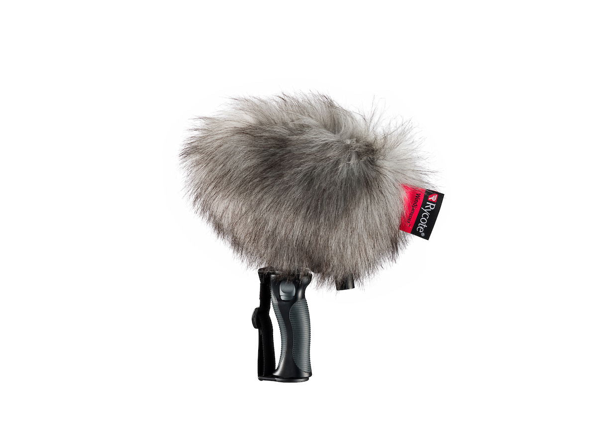 Microphone windscreen kit with gray fur cover and shock mount