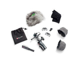 Rycote Nano Shield microphone kit pieces: fur windscreen, mesh cover, mounts and bag