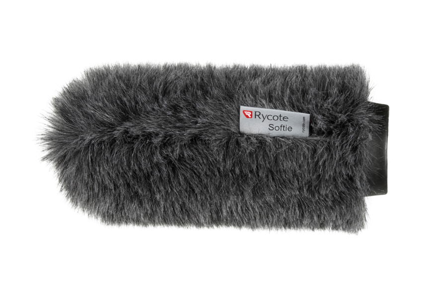 Protecție microfon shotgun 18 cm, blăniță gri densă, etichetă pe carcasa neagră