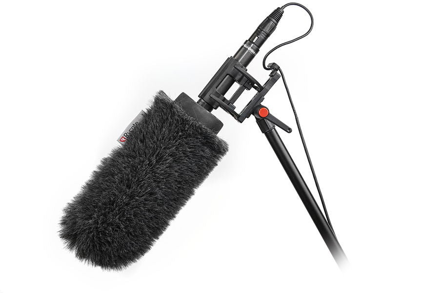 NTG shotgun microphone with long black fur windscreen, cable and mount bracket