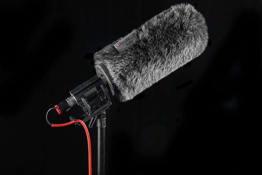 NTG mic windscreen with furry cover, shock mount, and connected cables