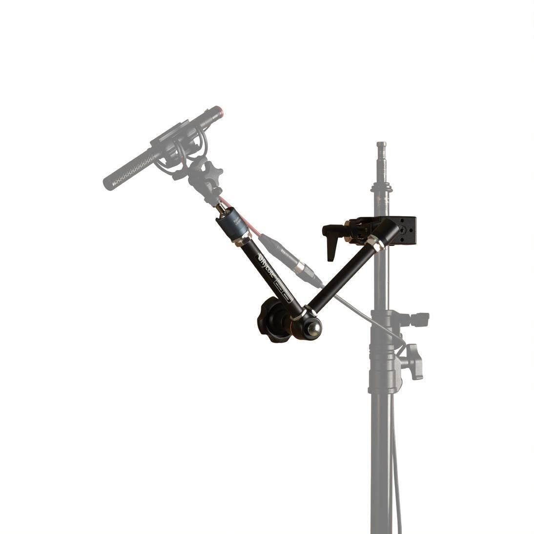 Articulating boom arm with super clamp mounted to a stand, visible joints and handle