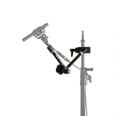 Articulating boom arm with super clamp mounted to a stand, visible joints and handle