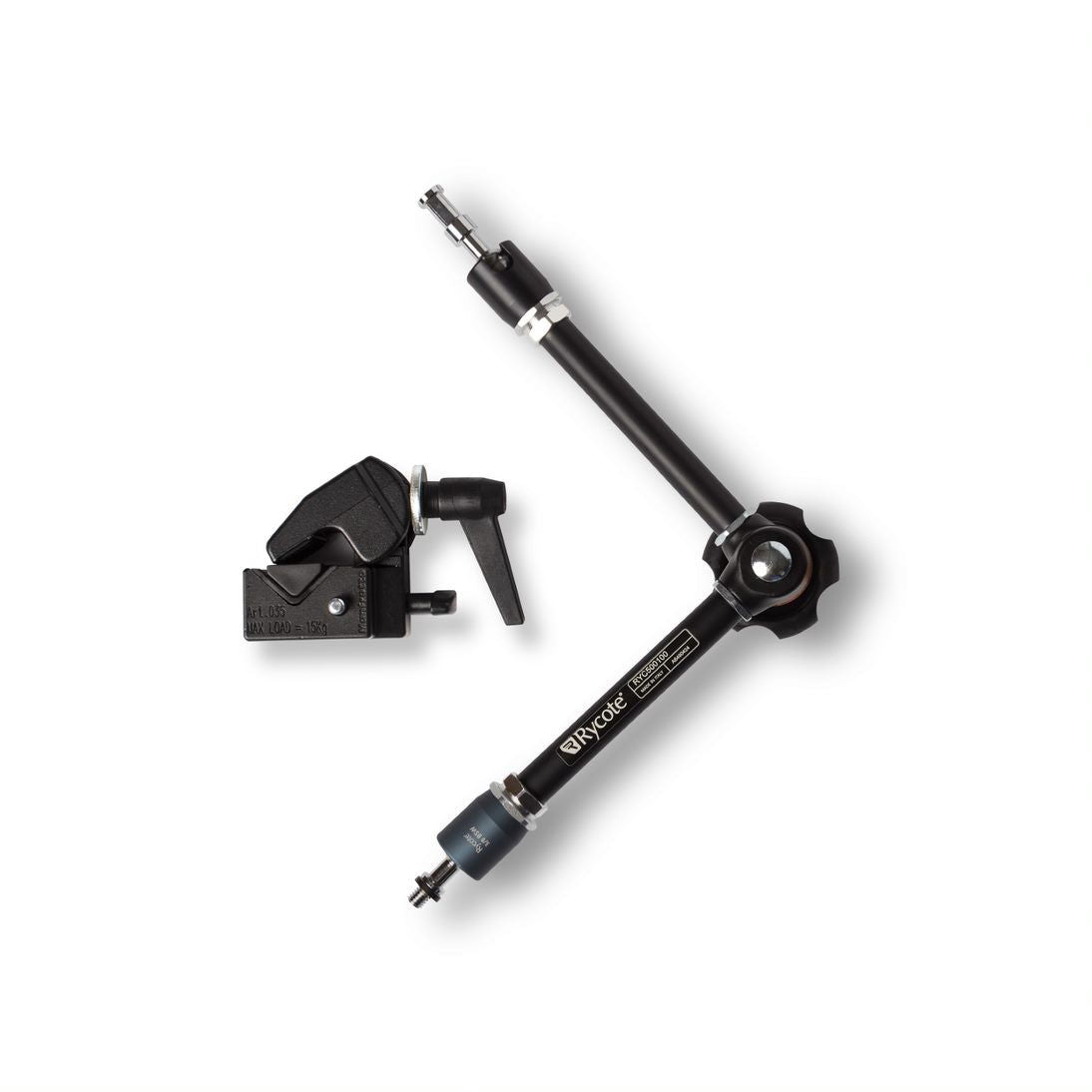 Articulating boom arm with super clamp and tightening knobs, black metal and rubber