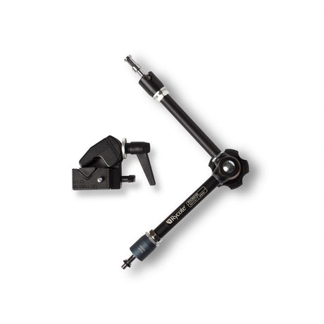 Articulating boom arm with super clamp and tightening knobs, black metal and rubber