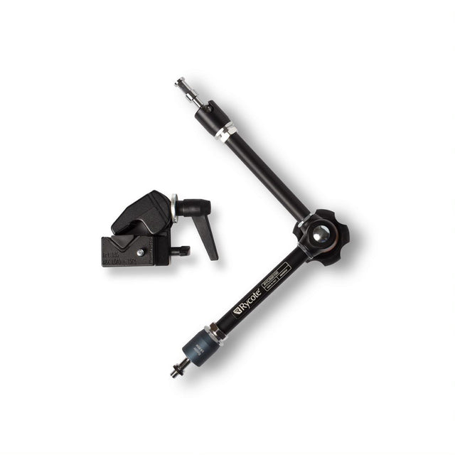 Articulating boom arm with super clamp and tightening knobs, black metal and rubber