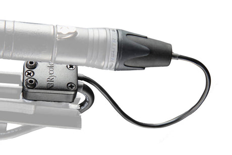 CB1 XLR-3F connector box with black cable, close-up on metal mount.