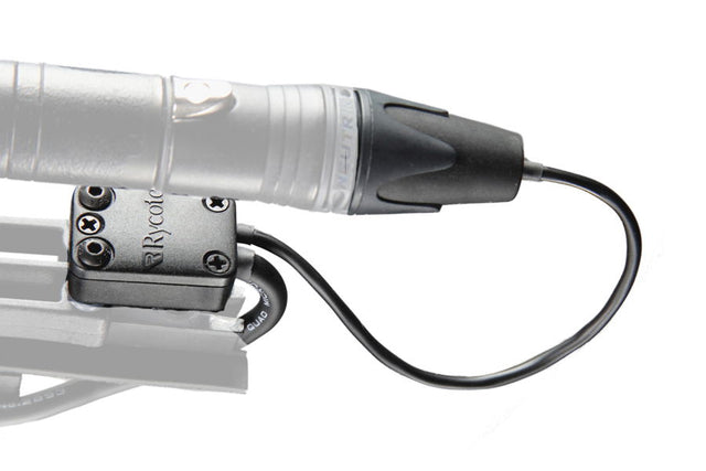 CB1 XLR-3F connector box with black cable, close-up on metal mount.