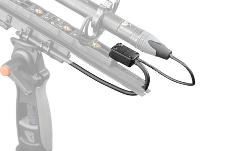 Connbox CB4 cable protection on camera rig, two cables exiting toward XLR end