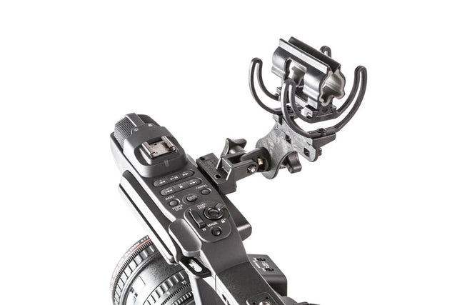 InVision Softie lyre shock mount with furry windscreen on camera handle