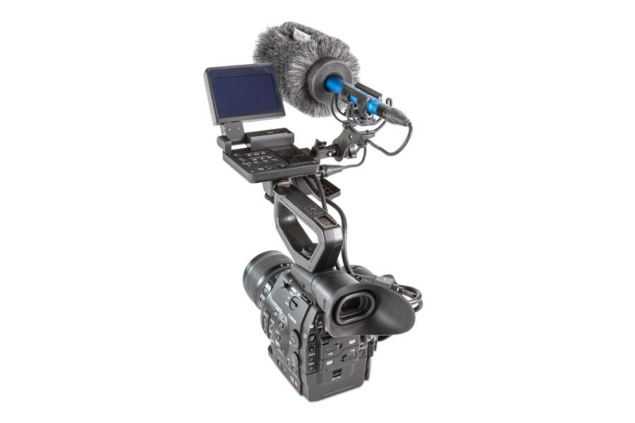Shock-mounted furry windscreen with LCD monitor on compact camera rig