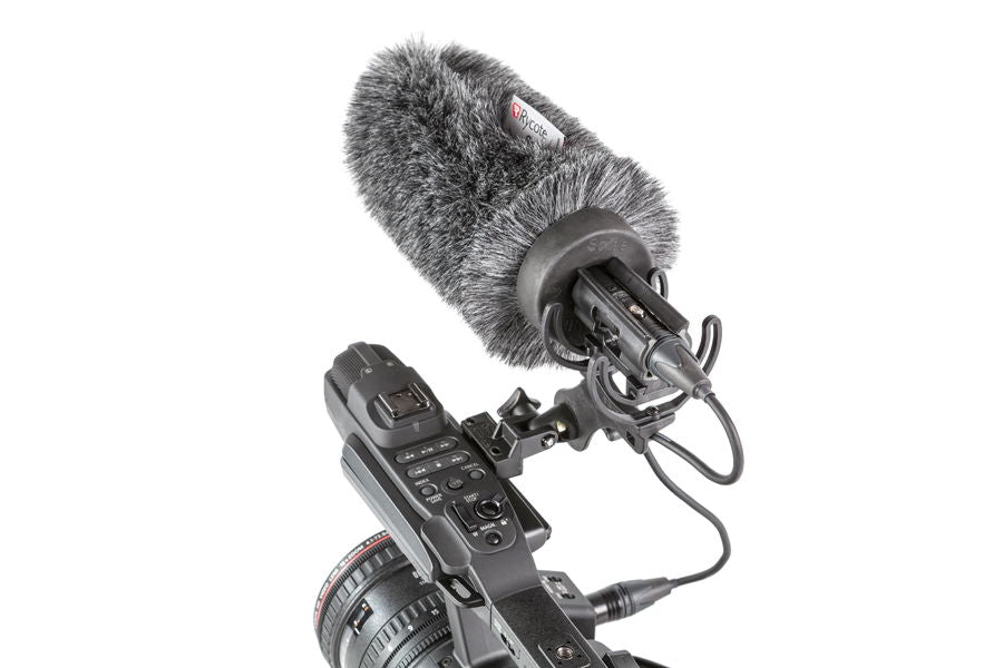 Furry windscreen and shock-mounted camera rig with cable connections