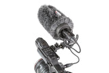 Furry windscreen and shock-mounted camera rig with cable connections