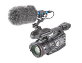 Shock mount with furry windscreen attached to camera body and top controls
