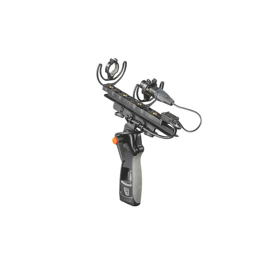 Shotgun mic wind mount assembly with orange clip accents and shock handle