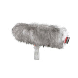 Gray faux-fur windscreen for shotgun microphone with attached protective handle