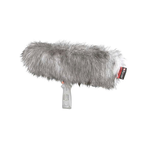 Gray faux-fur windscreen for shotgun microphone with attached protective handle
