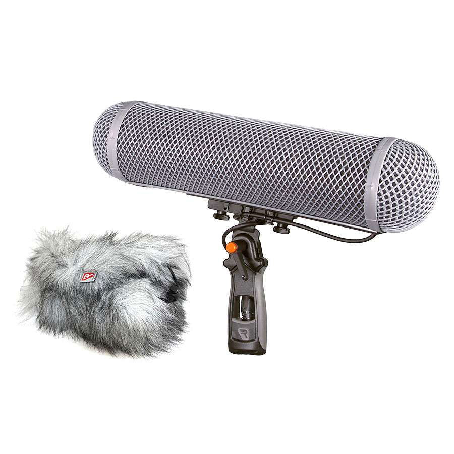 WS4 shotgun mic wind kit with gray mesh sleeve and mounted fur windscreen