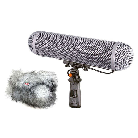 WS4 shotgun mic wind kit with gray mesh sleeve and mounted fur windscreen