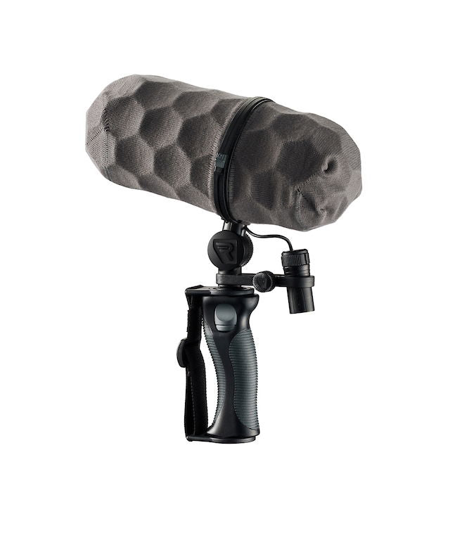 Microphone protection kit with gray foam windscreen and shock mount, for 122mm