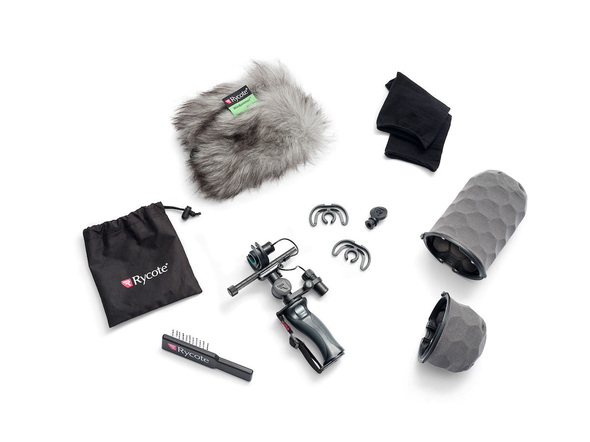 Rycote Nano Shield kit components: fur muff, foam covers, filters, clips, and pouch