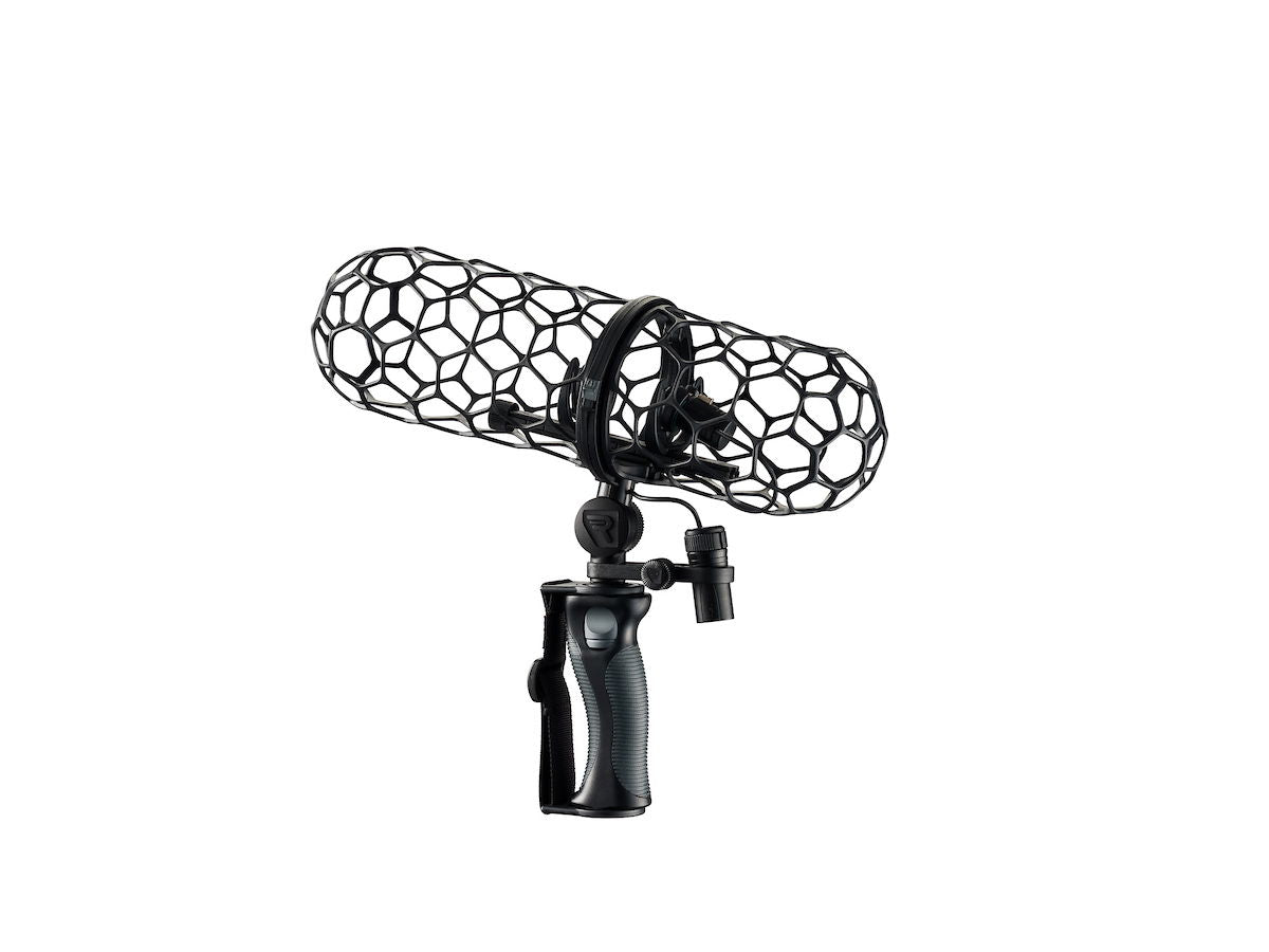 Black wire-mesh mic windscreen on black shock mount