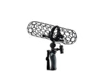 Black wire-mesh mic windscreen on black shock mount