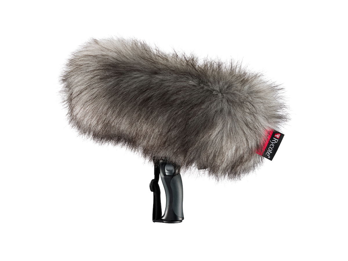 Gray faux-fur microphone windscreen on black shock mount