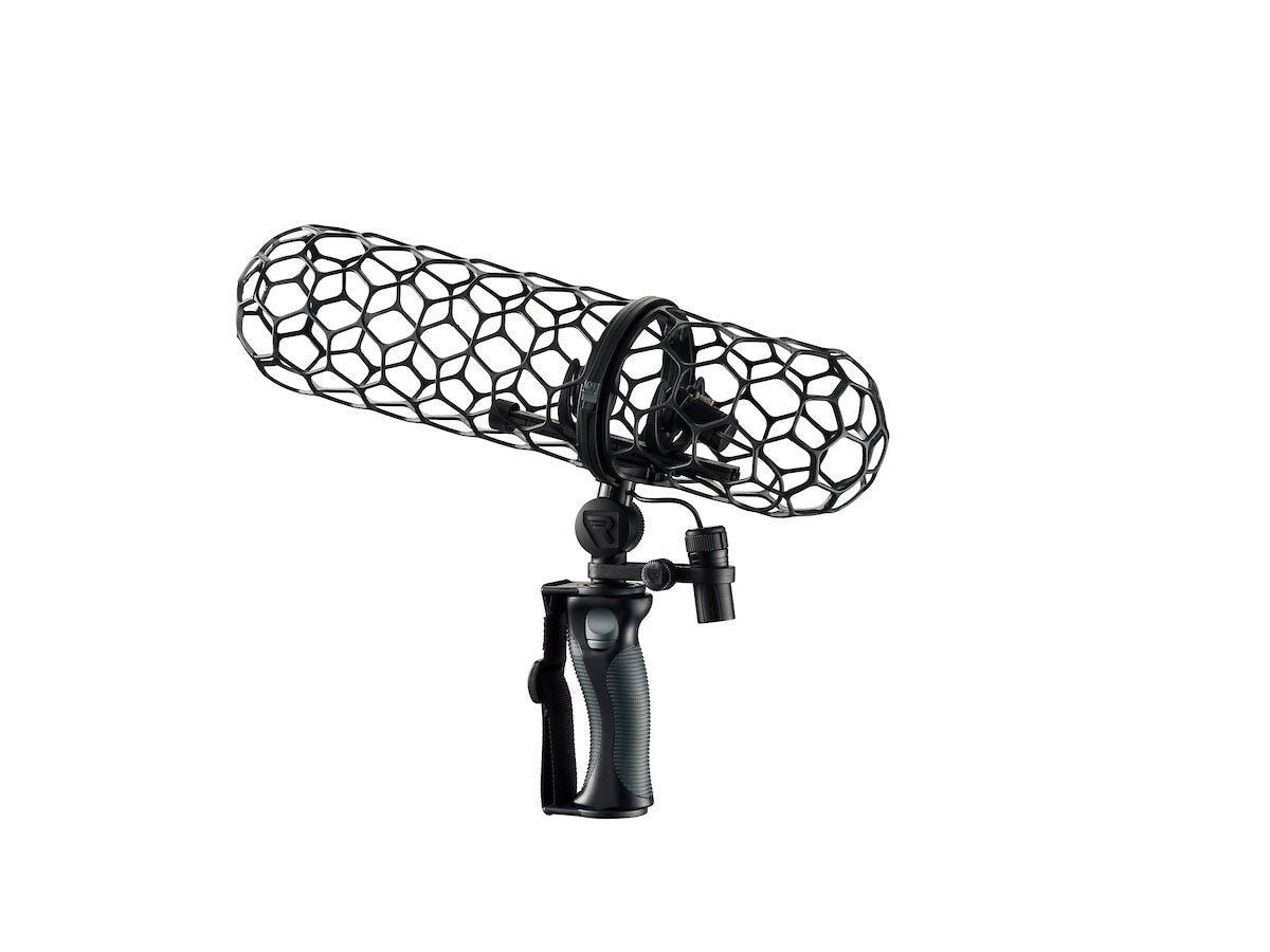 Black honeycomb mesh windscreen for shotgun microphone on shock mount