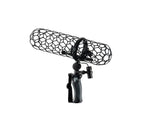 Black honeycomb mesh windscreen for shotgun microphone on shock mount