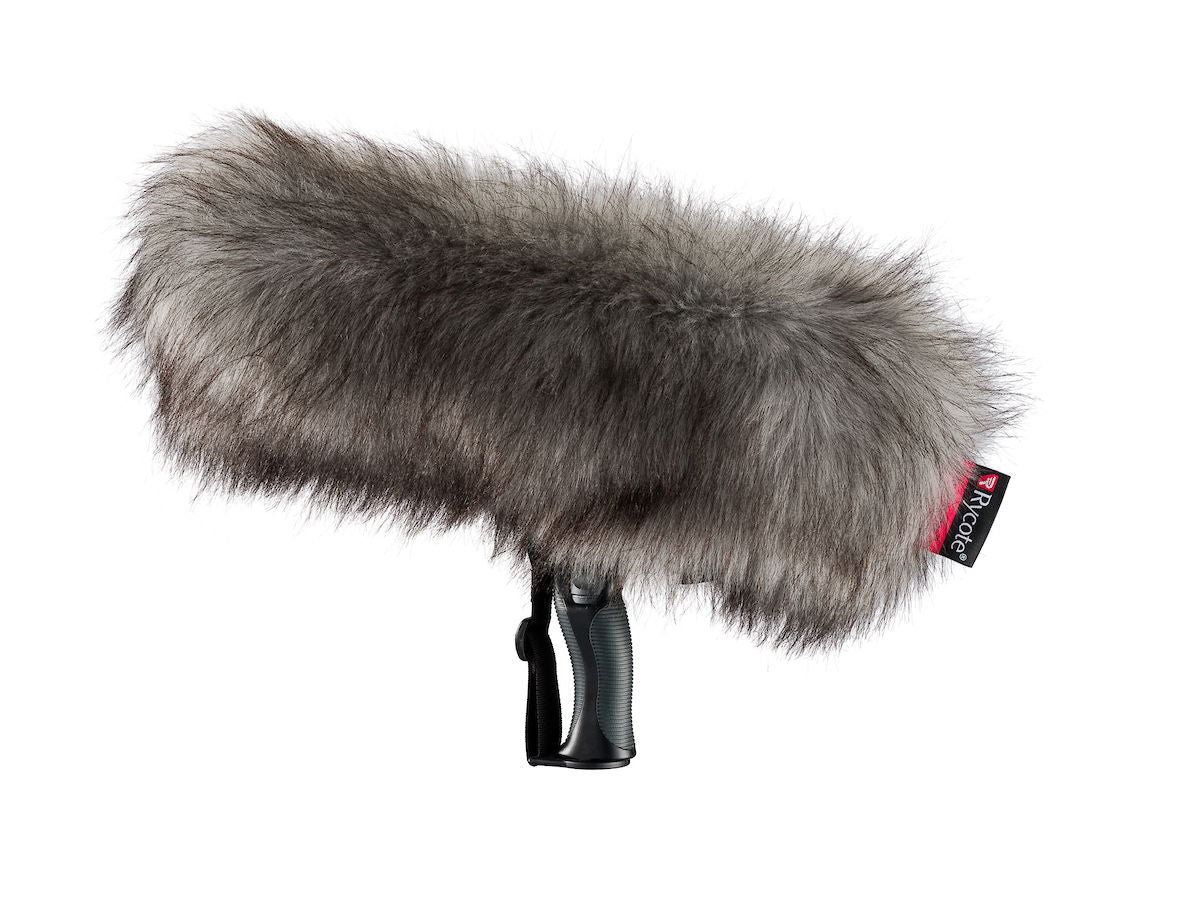 Gray faux-fur wind muff for shotgun microphone, with black mounting handle