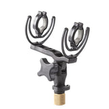 Shotgun mic suspension mount for 19/25mm, front view of dual clips and base
