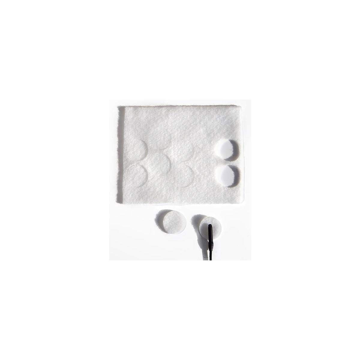 White round adhesive pads for lavalier microphone, with cable opening detail
