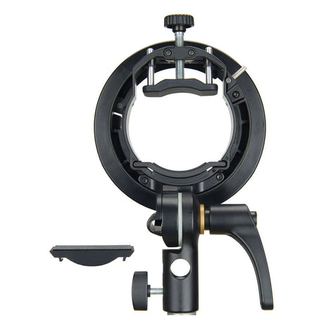 Bowens flash adapter ring with front grip handle and two quick-lock panels, black