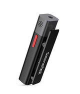 Black Bluetooth smart microphone with speaker grille and red LED button