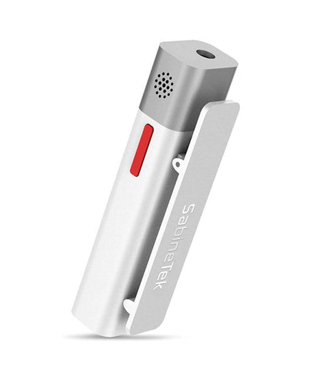 Silver Bluetooth microphone with red button, grille, and side clip mount