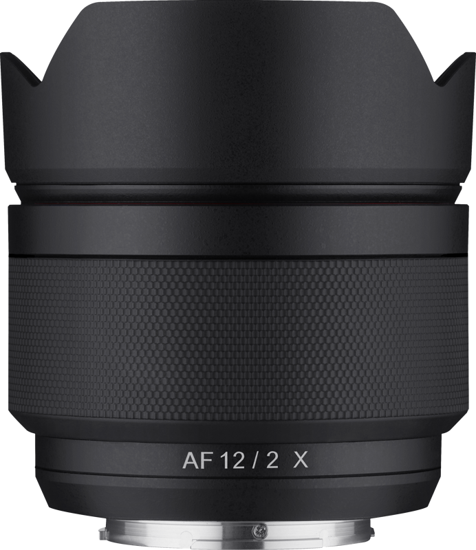 Back of 12mm f/2.0 AF lens, black barrel with AF 12/2 X marking and metal mount