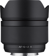 Back of 12mm f/2.0 AF lens, black barrel with AF 12/2 X marking and metal mount