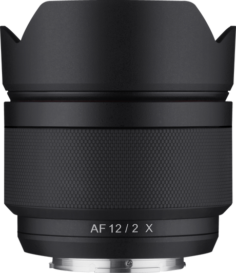 Back of 12mm f/2.0 AF lens, black barrel with AF 12/2 X marking and metal mount