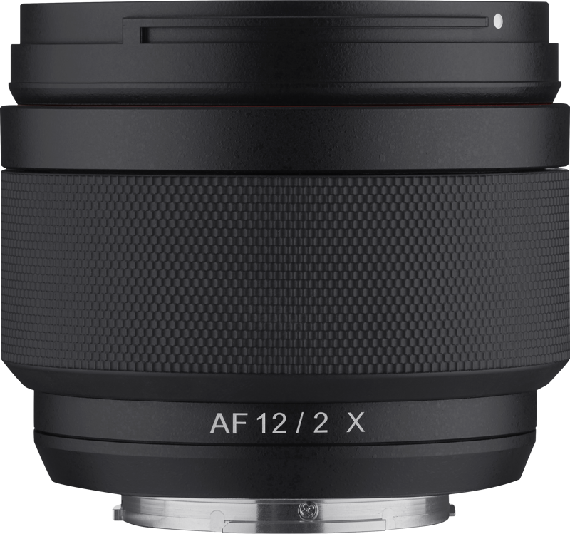 12mm f/2.0 AF lens, textured grip section and rear mount label AF 12/2 X