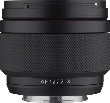 12mm f/2.0 AF lens, textured grip section and rear mount label AF 12/2 X
